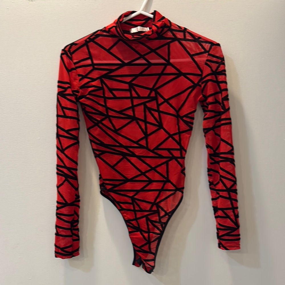 Red and Black Geometric Long Sleeve Bodysuit